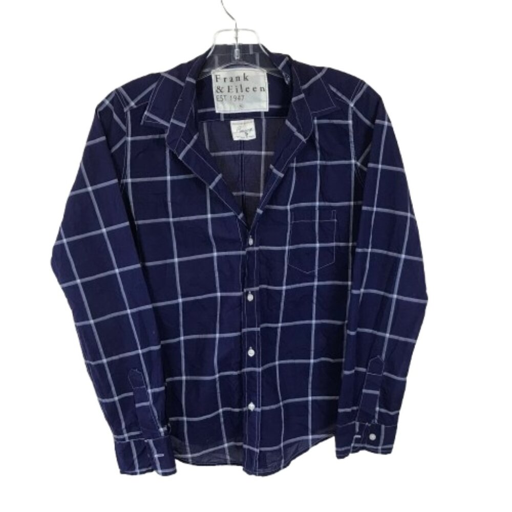 Frank & Eileen Womens Size Small Navy White Barry Plaid Crinkle Shirt Top